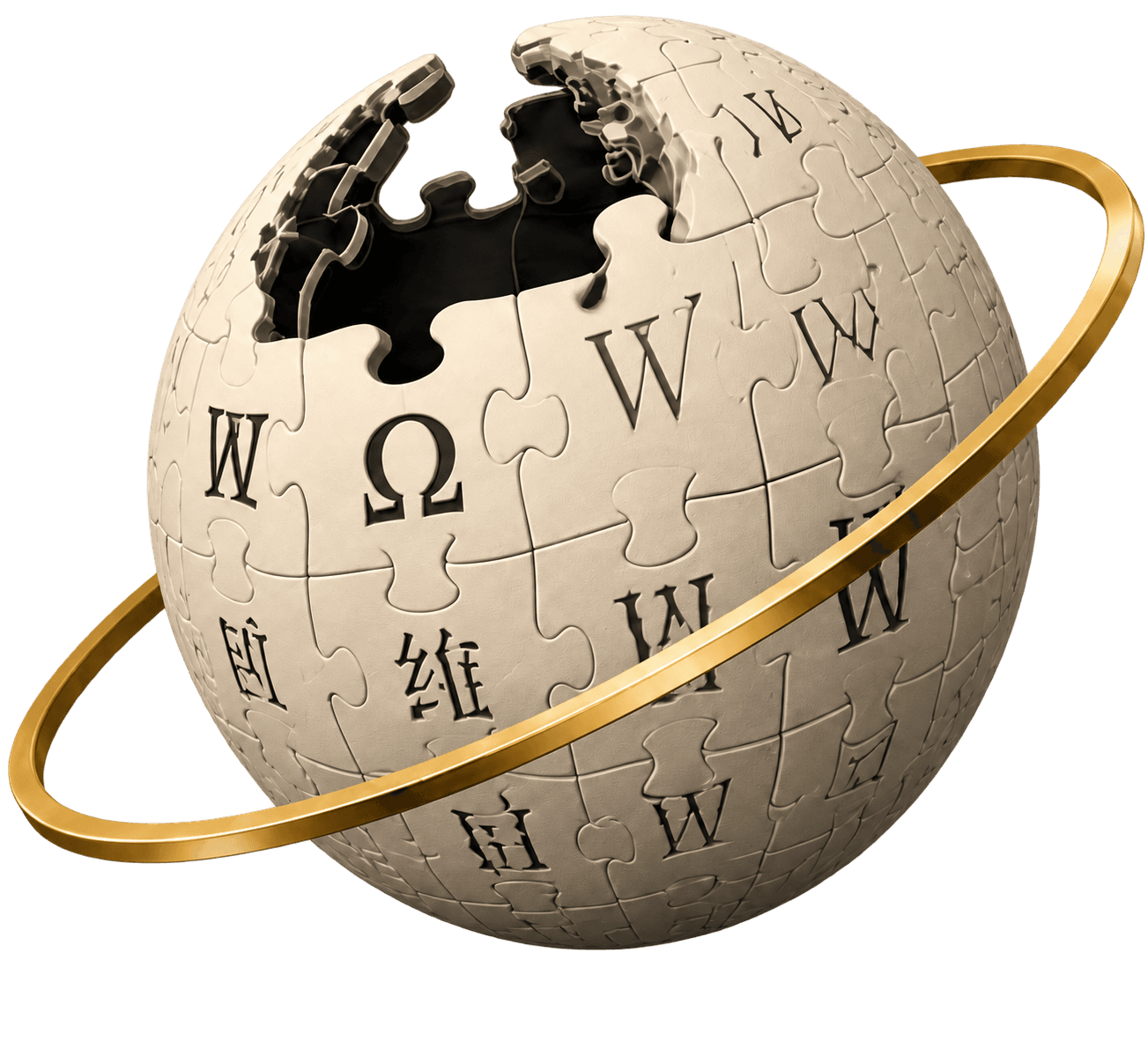 Ivory knowledge sphere formed from multilingual encyclopedia puzzle pieces